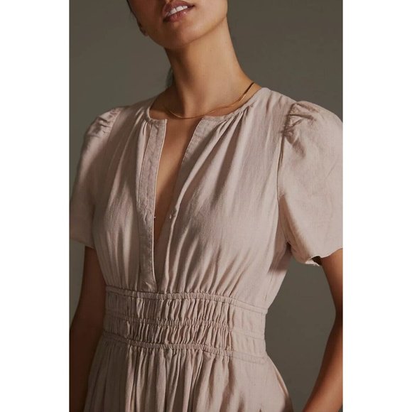 Anthropologie The Somerset Flowy Maxi Dress Linen Tiered Tan Light Brown XSP - Picture 3 of 15